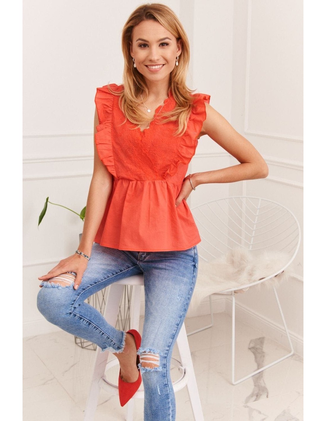 Damen-Sommerbluse mit bestickter Vorderseite, Koralle 87222 – Online-Shop – Boutique